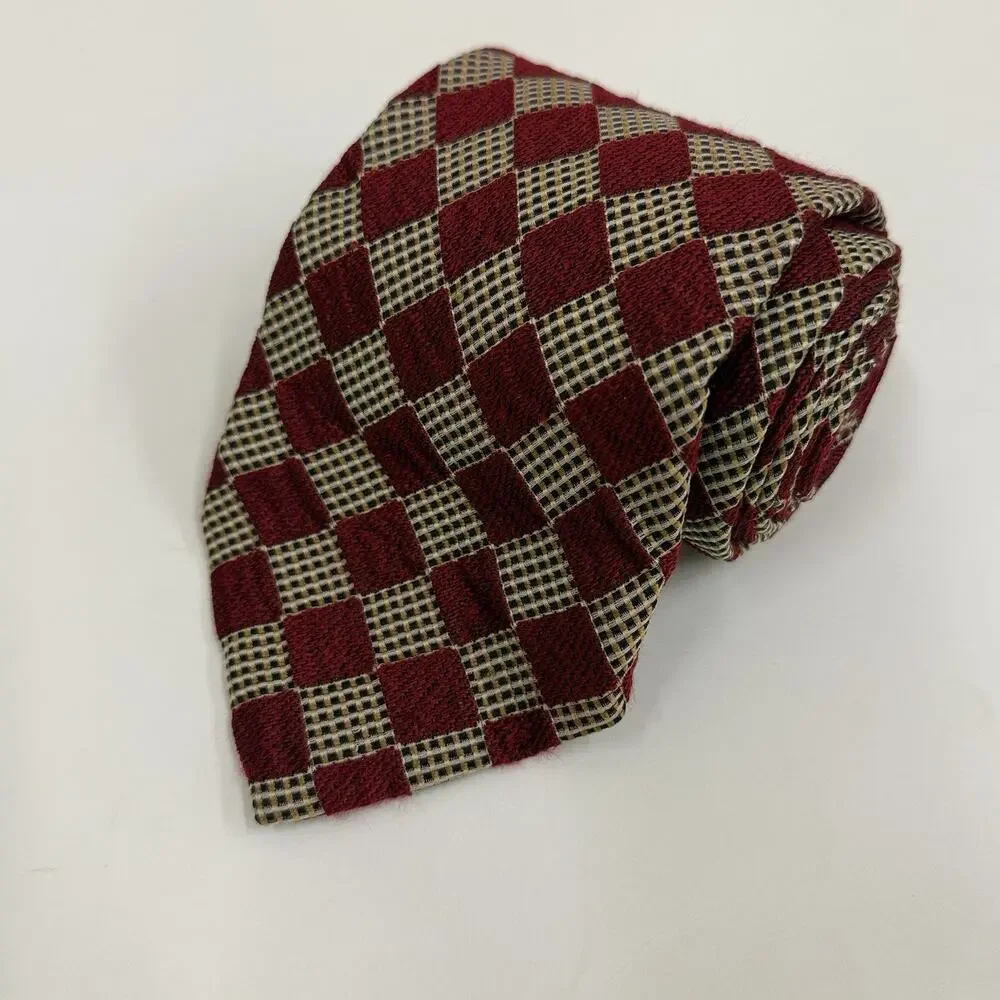 Ermenegildo Zegna Mens Silk Tie Burg Red Tan Check Geometric Luxury Career